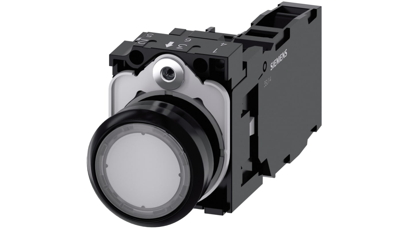 Pulsante luminoso Siemens SPST rotondo, 22 mm, IP66/IP67/IP69K, con modulo LED 230 V AC, installazione snap-on.