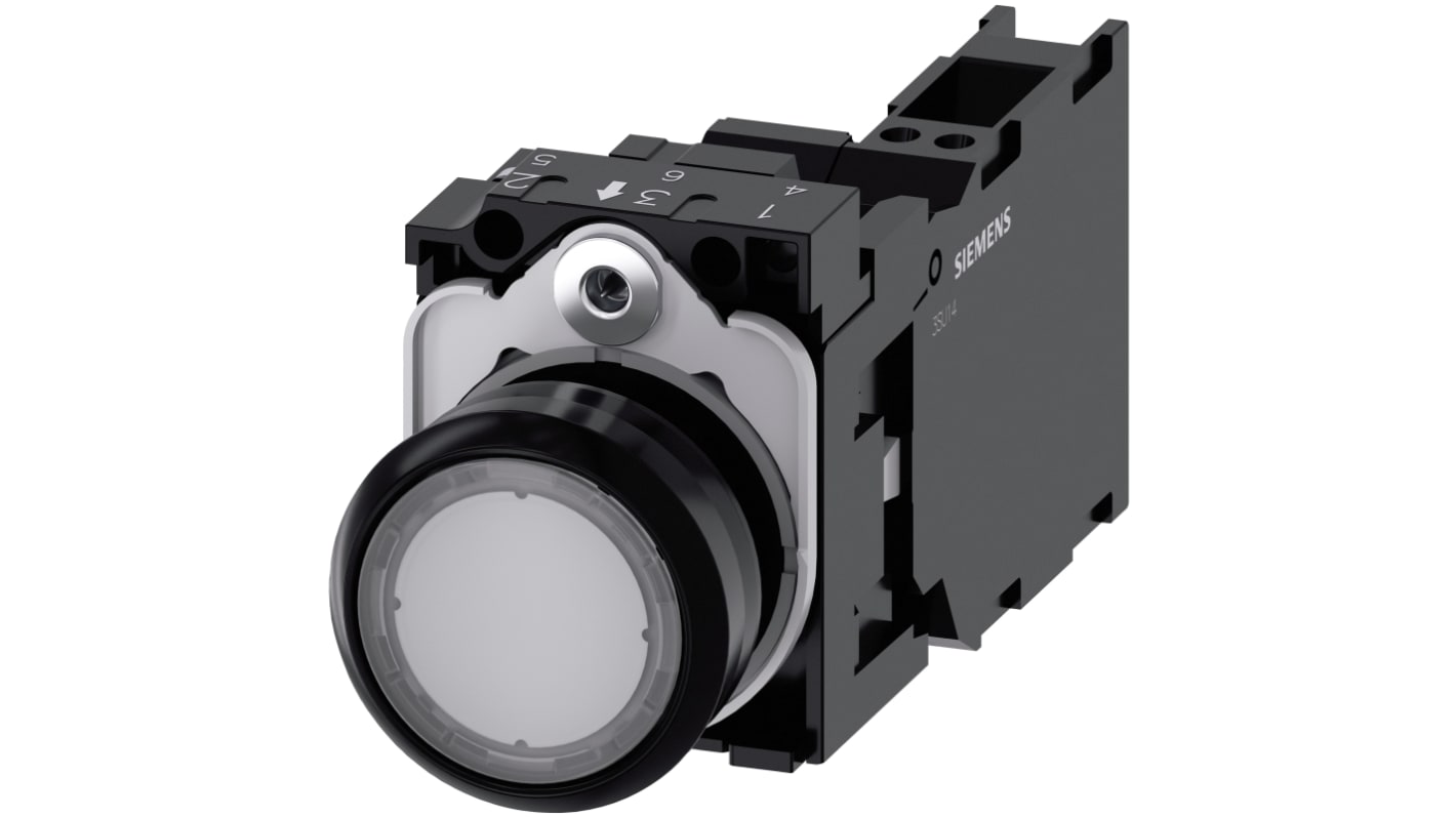 Pulsante luminoso Siemens 3SU1106-0AB70-3FA0, rotondo 22 mm, SPST, LED 230 V AC, grado di protezione IP66/IP67/IP69K.