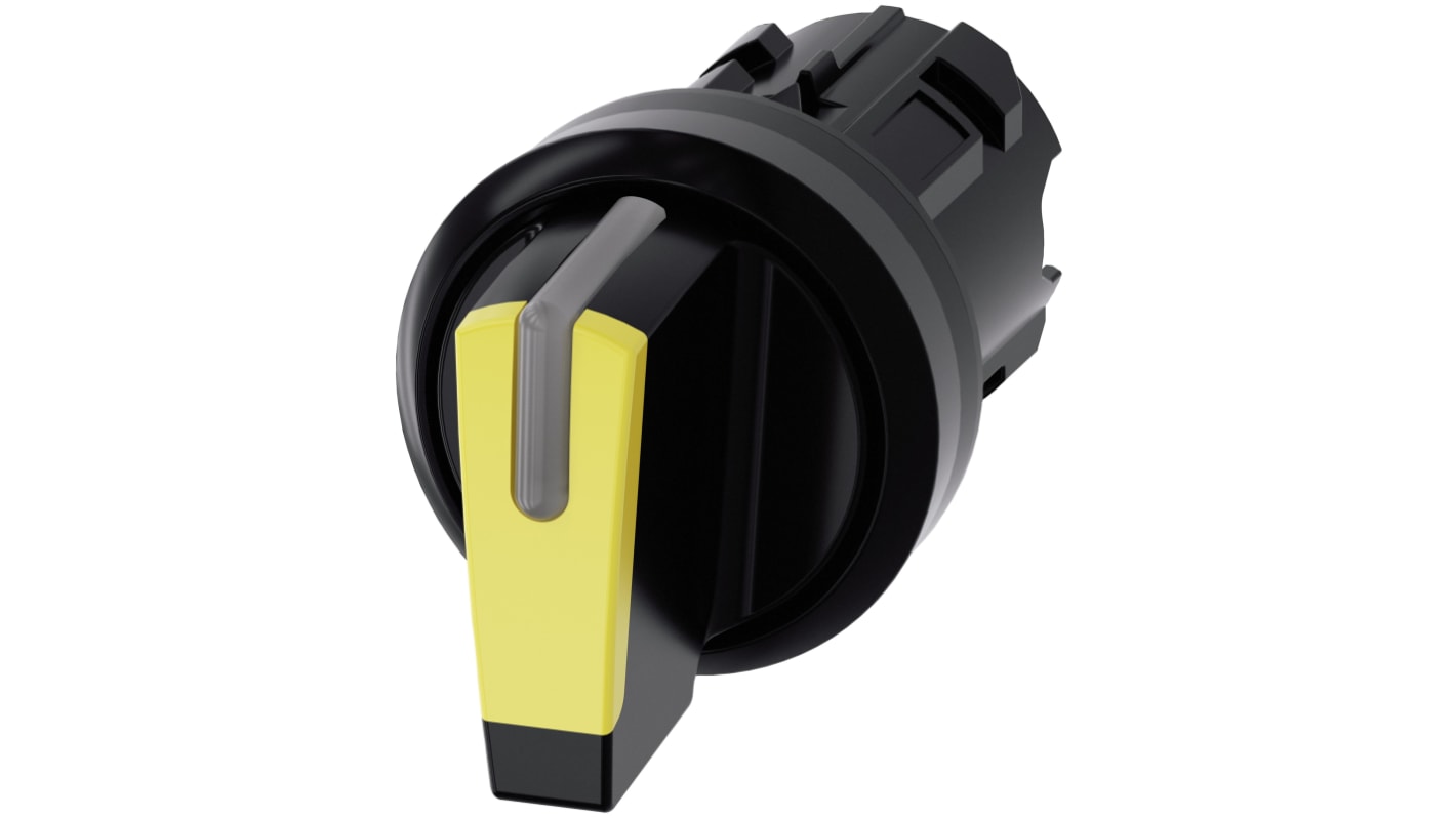 Selettore Siemens SIRIUS ACT a 3 posizioni, diametro foro 22 mm, attivazione momentanea, plastica gialla, grado di protezione IP66/IP67/IP69K. Installazione snap-on, compatibile con PROFINET e AS-Interface.