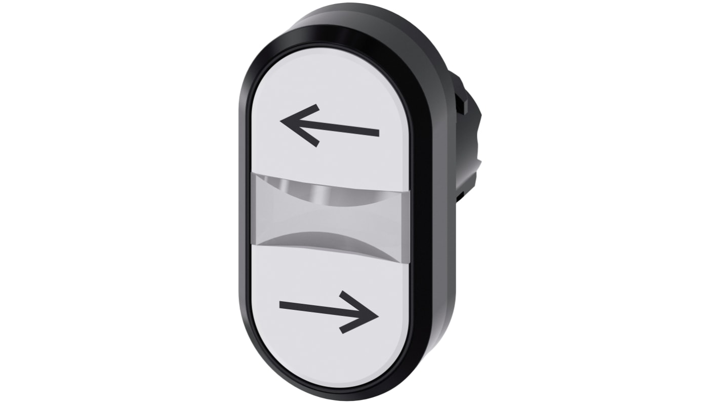 Pulsante instabile Siemens SIRIUS ACT, rotondo, 22 mm, bianco, protezione IP66/IP67/IP69K, montaggio snap-on, adatto per ambienti industriali.
