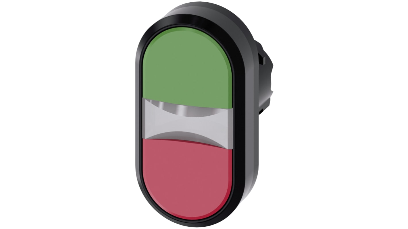 Pulsante instabile Siemens SIRIUS ACT, 22 mm, rotondo, verde e rosso, protezione IP66/IP67/IP69K, montaggio snap-on.