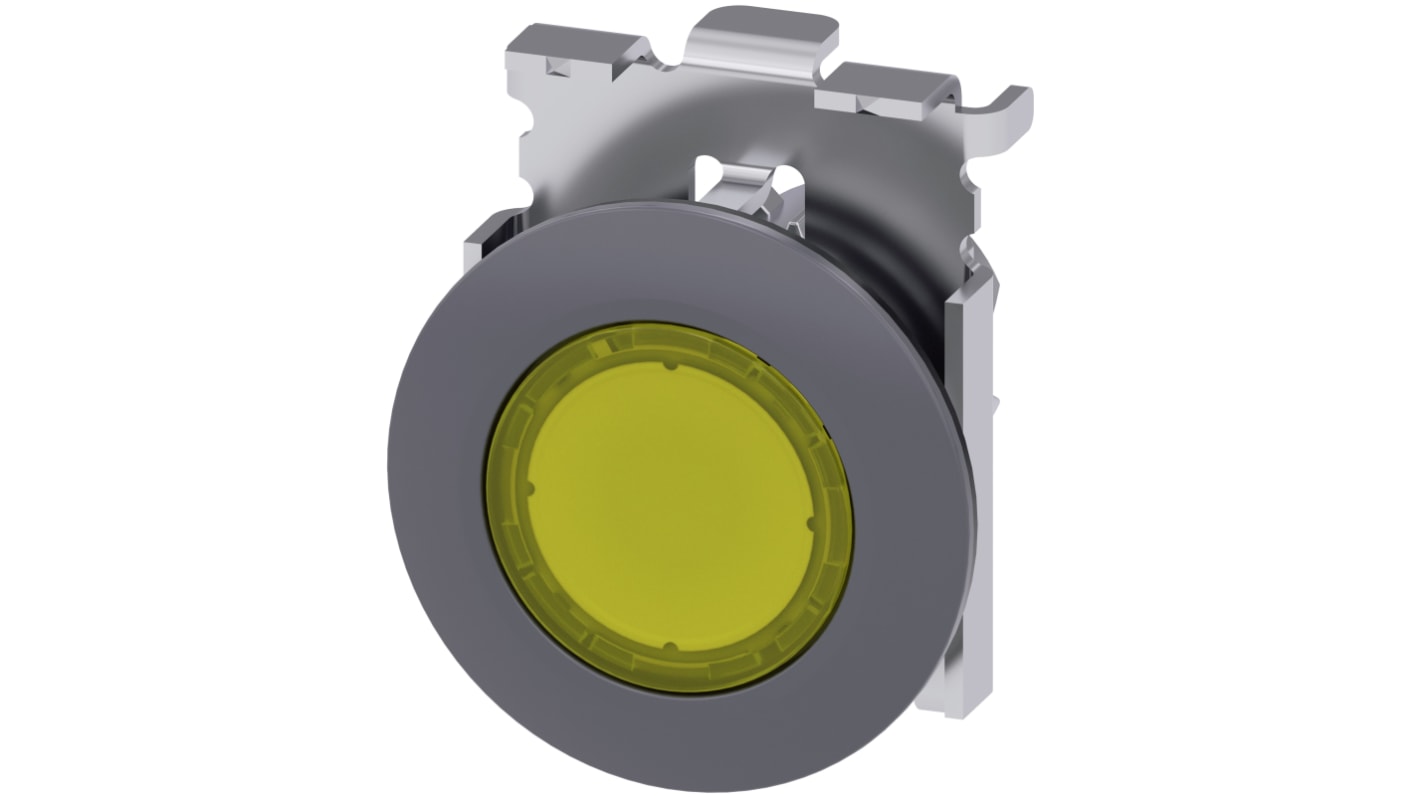 Siemens attuatore pulsante SIRIUS ACT giallo, diametro 30mm, protezione IP66/IP67/IP69K, installazione rapida per ambienti industriali.