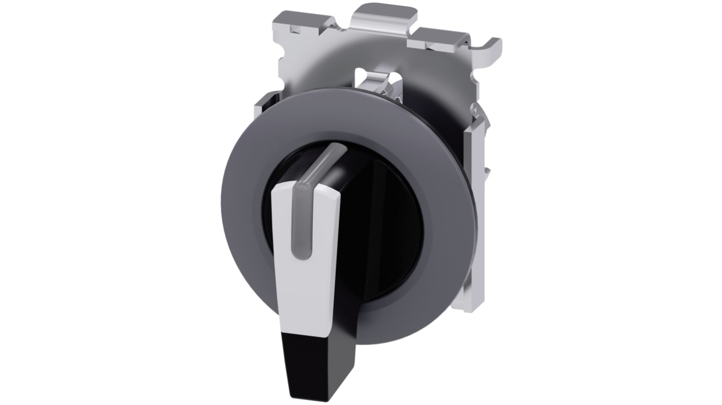Selettore Siemens SIRIUS ACT a tre posizioni, diametro foro 30 mm, attivazione momentanea, illuminato, grado di protezione IP66/IP67/IP69K. Montaggio snap-on per ambienti industriali.