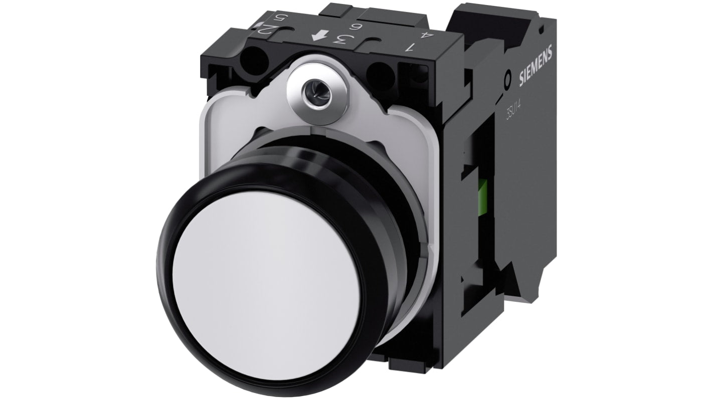 Pulsante Siemens SIRIUS ACT SPST, diametro 29.45mm, IP66/IP67/IP69, corpo e pulsante in plastica, tensione max 500V.