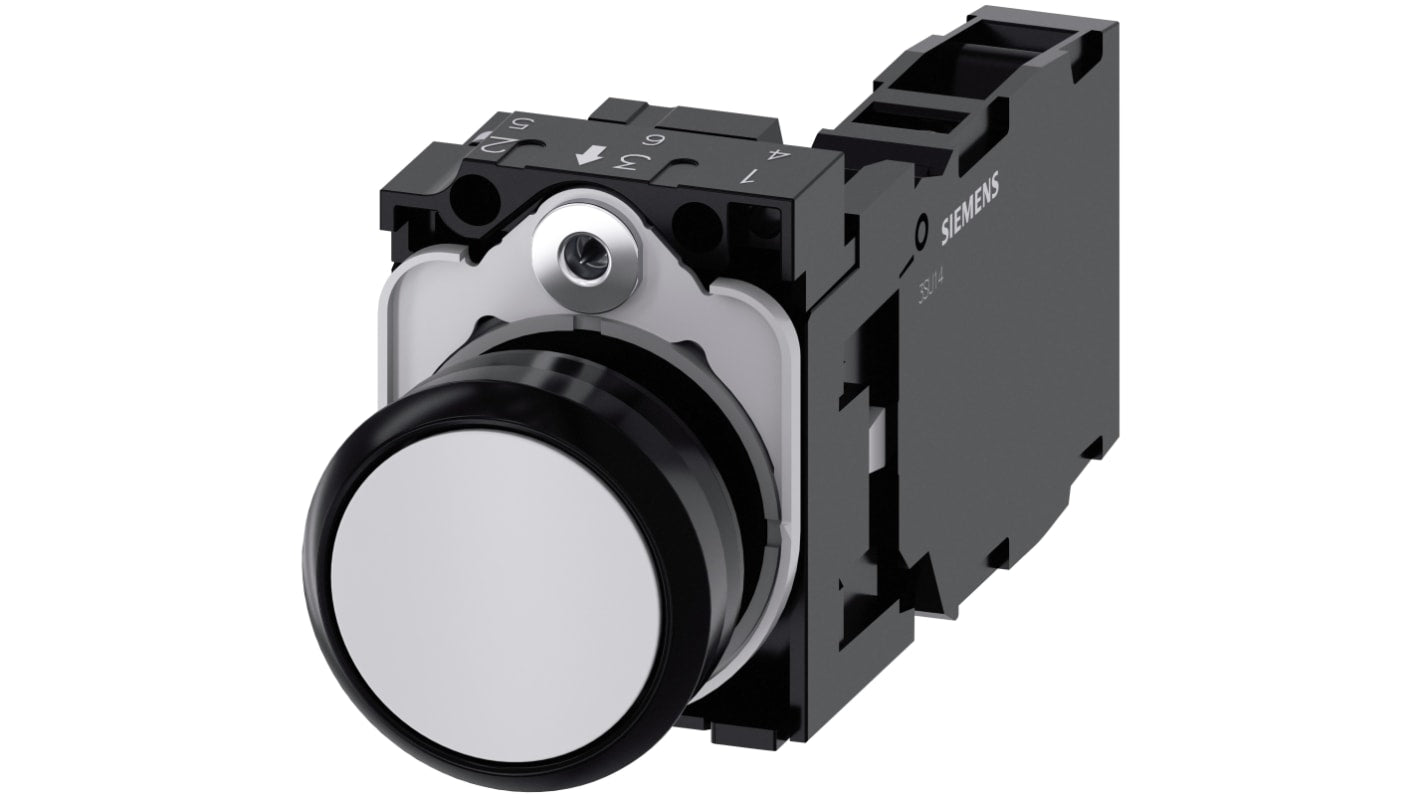 Pulsante rotondo Siemens 3SU1100-0AB80-1FA0, SPST, IP66/IP67/IP69K, diametro 22mm, plastica grigia, tensione max 500V.