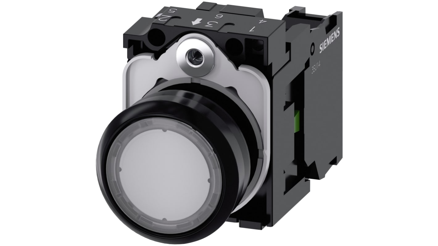 Pulsante rotondo Siemens SIRIUS ACT, SPST, IP66/IP67/IP69, diametro 22mm, trasparente, tensione max 500V, terminale a vite.