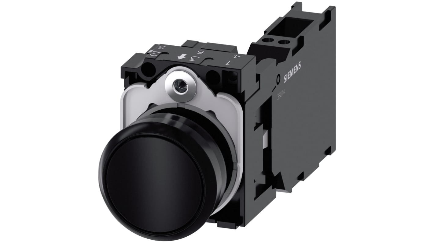 Siemens pulsante rotondo SPST, diametro 29.45mm, IP66/IP67/IP69K, per montaggio pannello 22mm, plastica, max 500V.