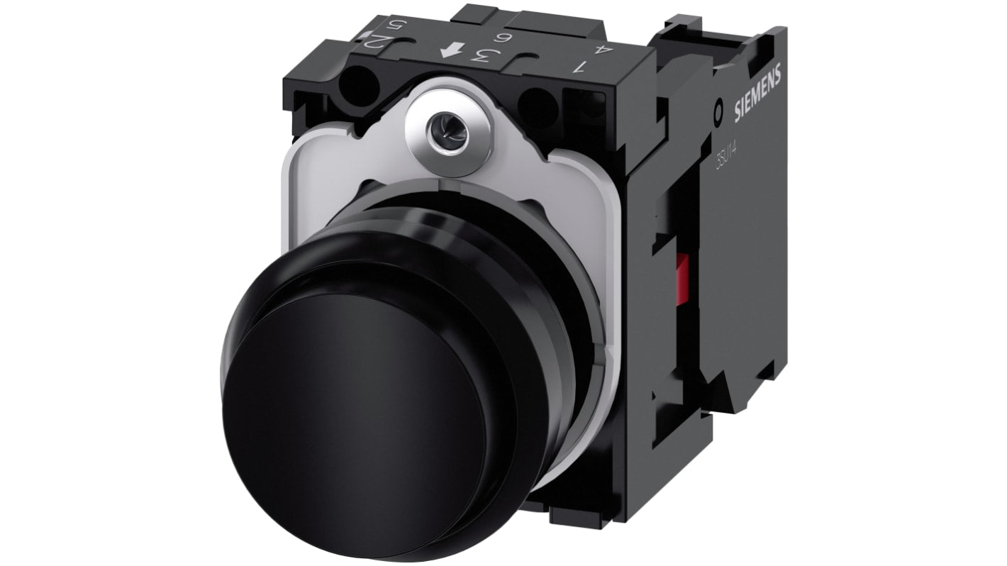 Pulsante rotondo Siemens SIRIUS ACT, SPST, diametro 22mm, colore nero, IP66/IP67/IP69K, tensione max 500V, temperatura -25 a 70°C.