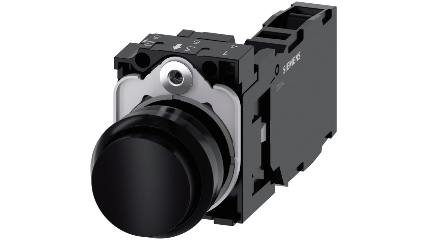 Pulsante rotondo Siemens SIRIUS ACT, SPST, IP66/IP67/IP69, diametro 22mm, colore nero, tensione max 500V.
