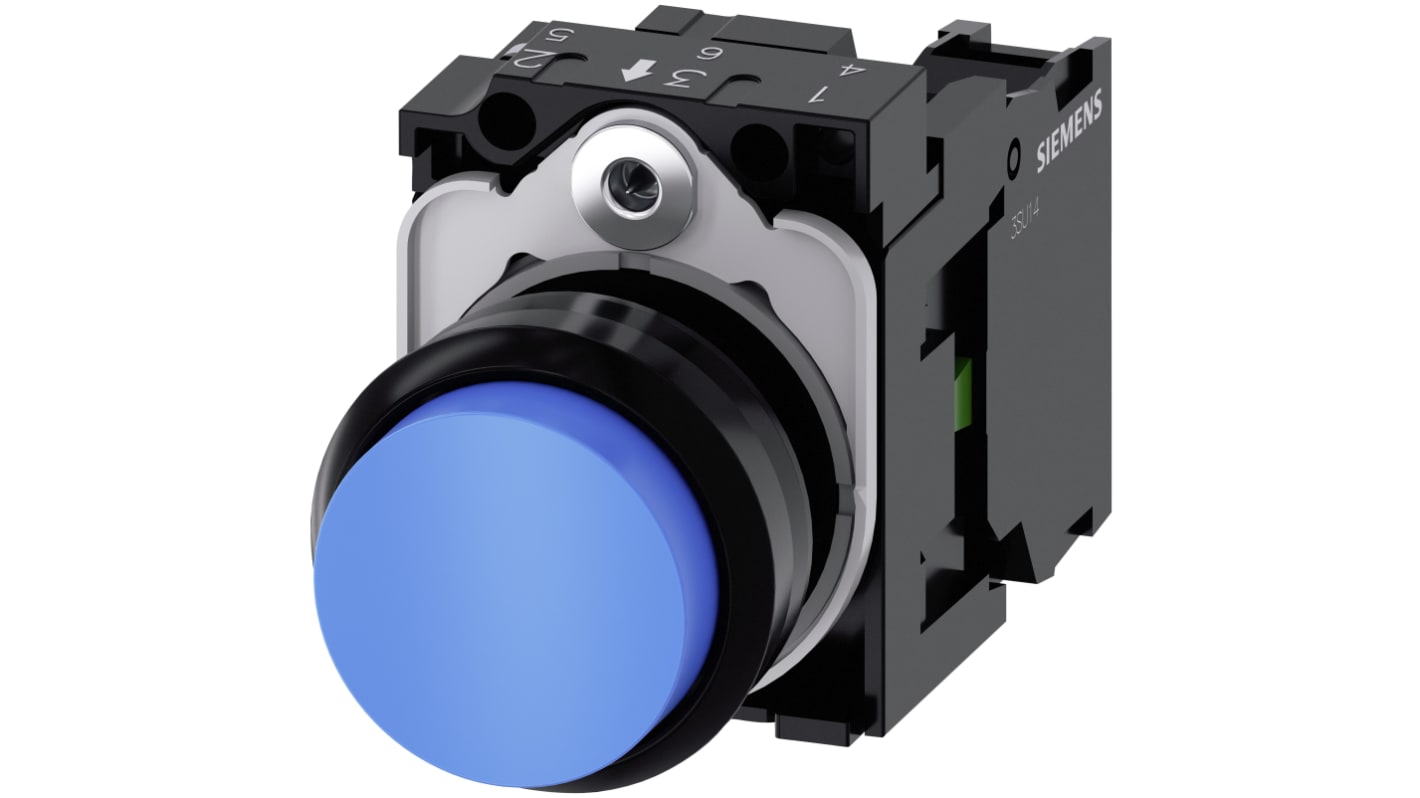 Pulsante Siemens SIRIUS ACT SPST, diametro 22mm, IP66/IP67/IP69, colore blu, plastica, max 70°C, tensione 500V.
