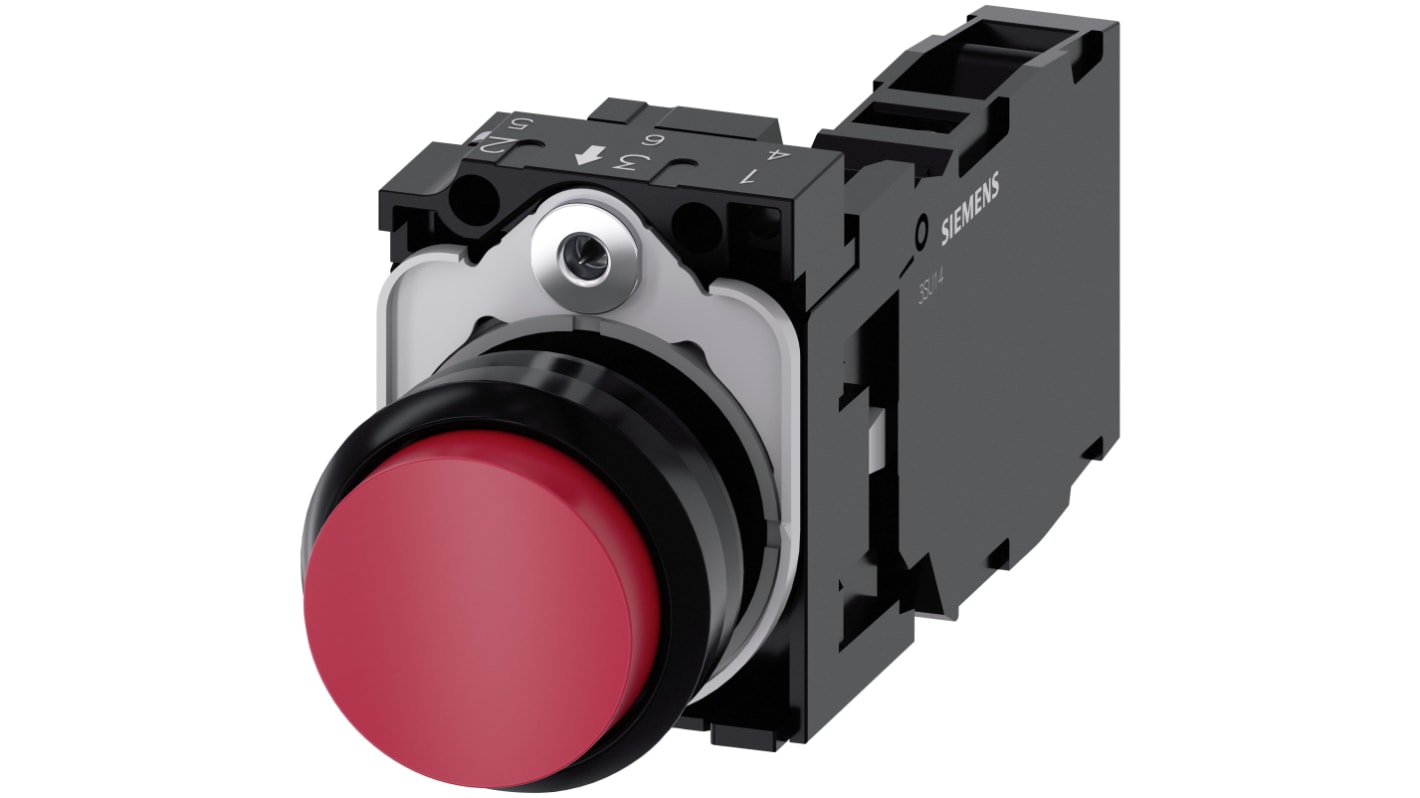 Pulsante rotondo Siemens SIRIUS ACT, SPST, IP66/IP67/IP69, diametro 22mm, colore rosso, tensione max 500V.