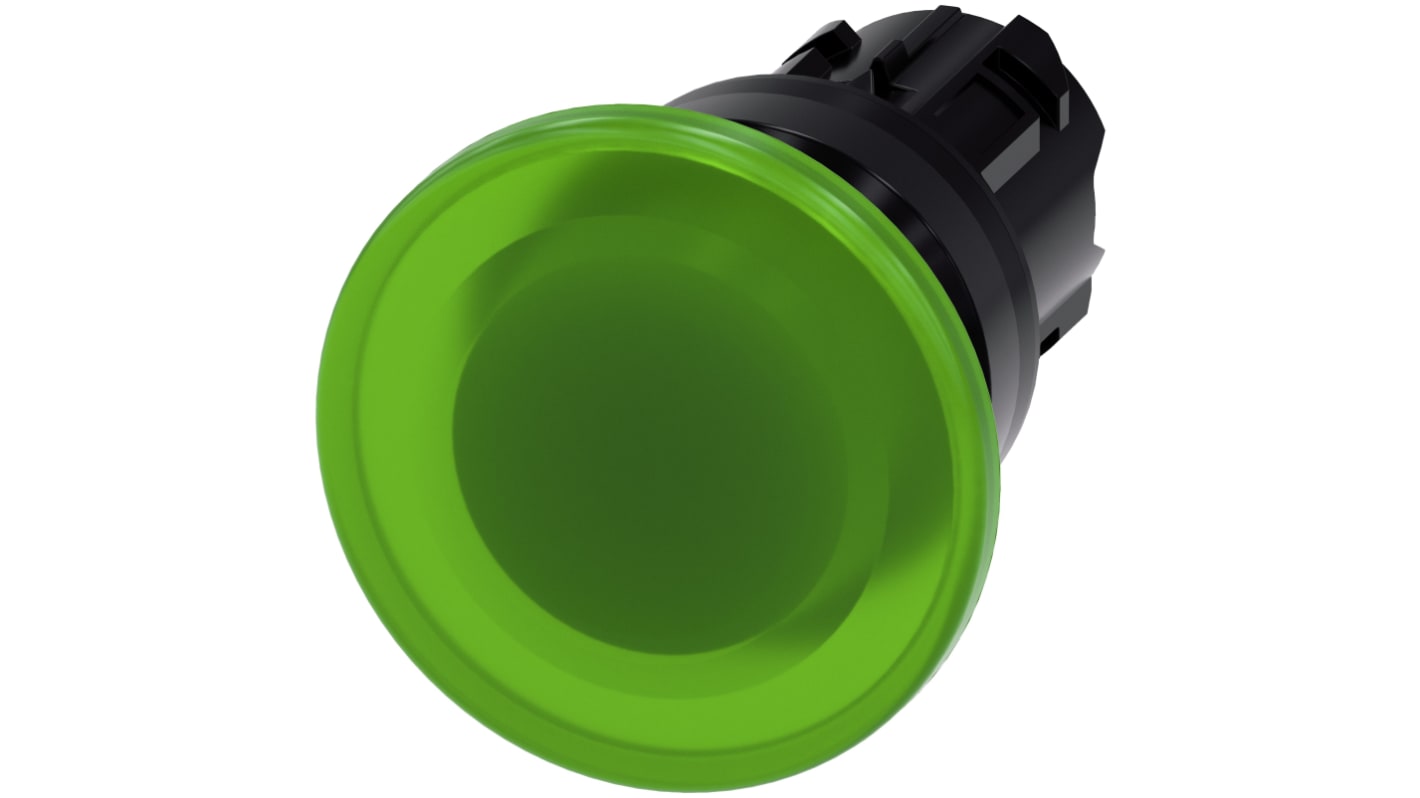 Attuatore pulsante instabile Siemens SIRIUS ACT, diametro 40 mm, verde, IP66/IP67/IP69K, montaggio snap-on, adatto per ambienti industriali.