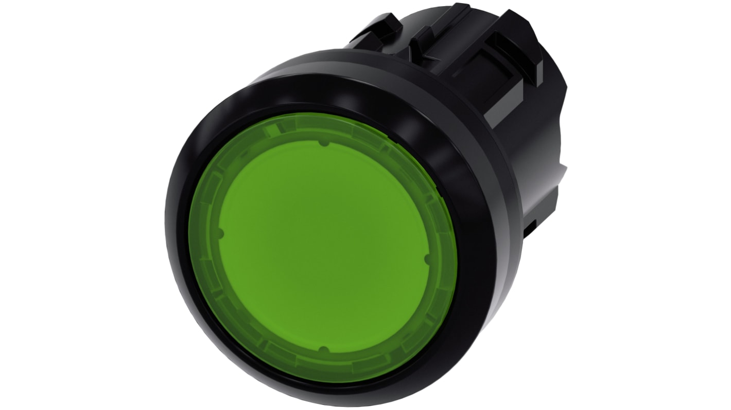 Spia luminosa Siemens SIRIUS ACT verde, diametro 22 mm, protezione IP66/IP67/IP69K, montaggio snap-on per ambienti industriali.
