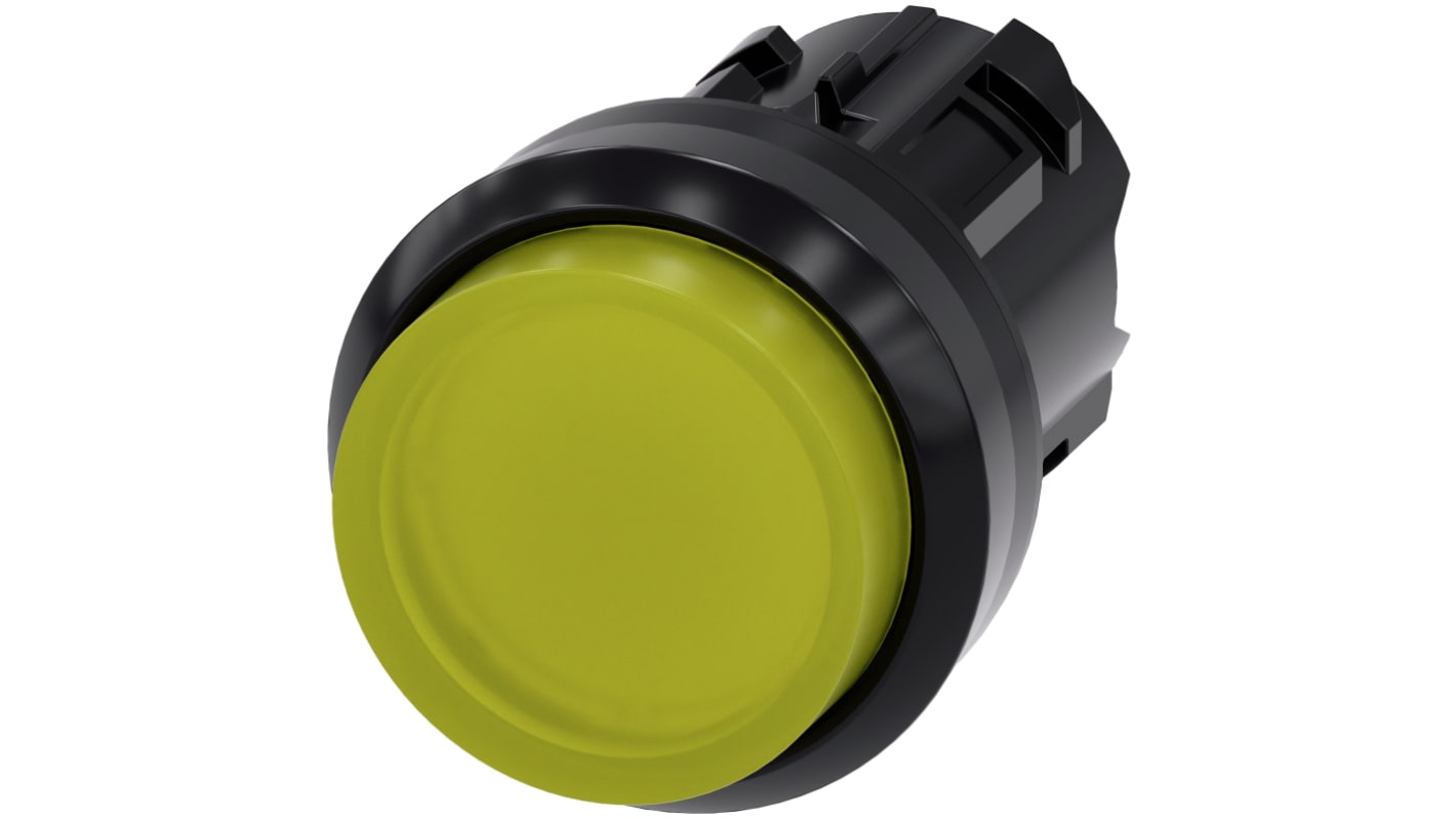 Attuatore pulsante giallo Siemens SIRIUS ACT, tipo instabile, diametro foro 22mm, protezione IP66/IP67/IP69K, montaggio snap-on.