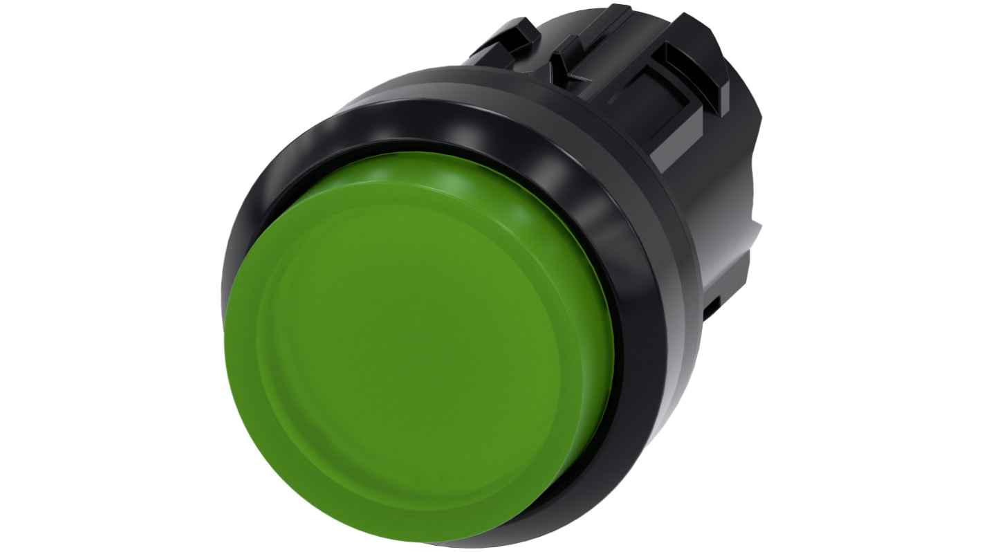 Attuatore pulsante Siemens SIRIUS ACT, tipo instabile, verde, diametro 22 mm, protezione IP66/IP67/IP69K, montaggio snap-on.