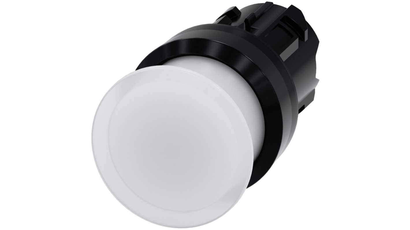 Attuatore pulsante instabile Siemens SIRIUS ACT, diametro 30mm, bianco, IP66/IP67/IP69K, montaggio snap-on, adatto per ambienti industriali.