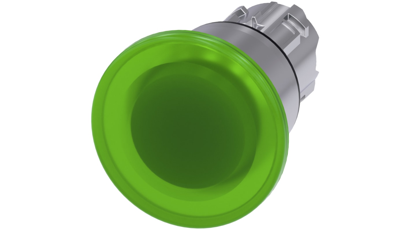 Siemens attuatore pulsante SIRIUS ACT verde, diametro 40mm, montaggio snap-on, protezione IP66/IP67/IP69K, compatibile con PROFINET.