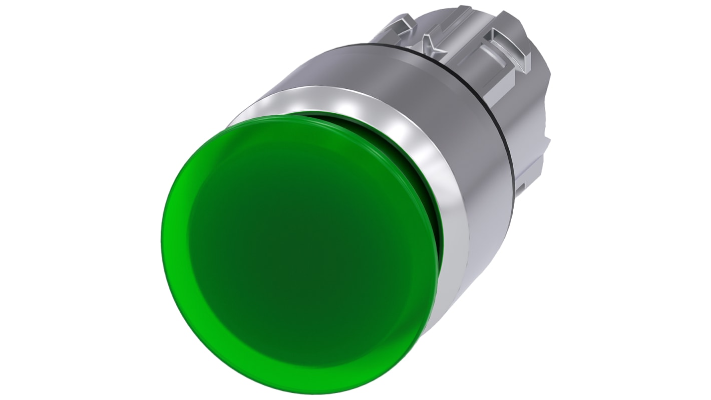 Attuatore pulsante Siemens SIRIUS ACT verde, diametro 30mm, montaggio snap-on, protezione IP66/IP67/IP69K.