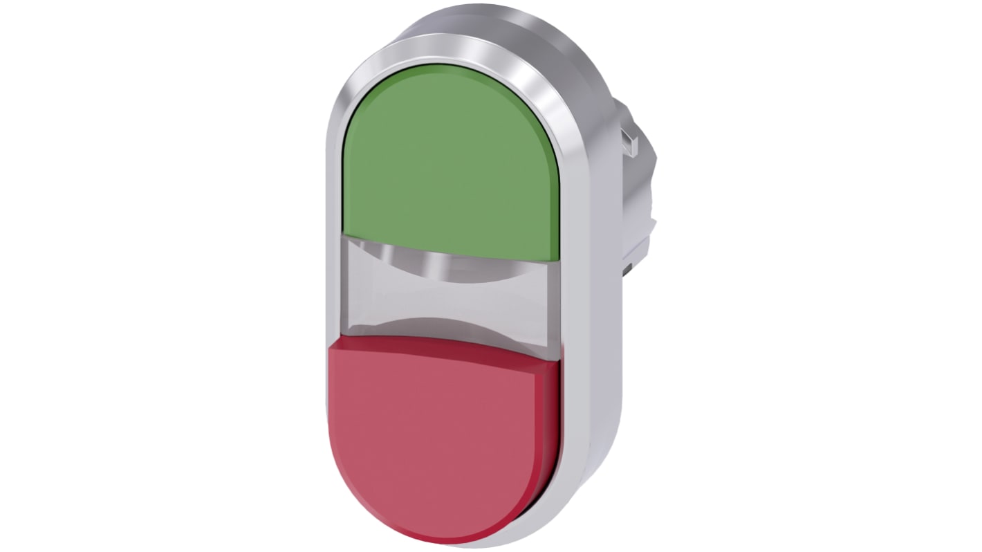 Pulsante instabile Siemens SIRIUS ACT, 22 mm, rotondo, metallo lucido, verde e rosso, protezione IP66/IP67/IP69K. Montaggio snap-on.
