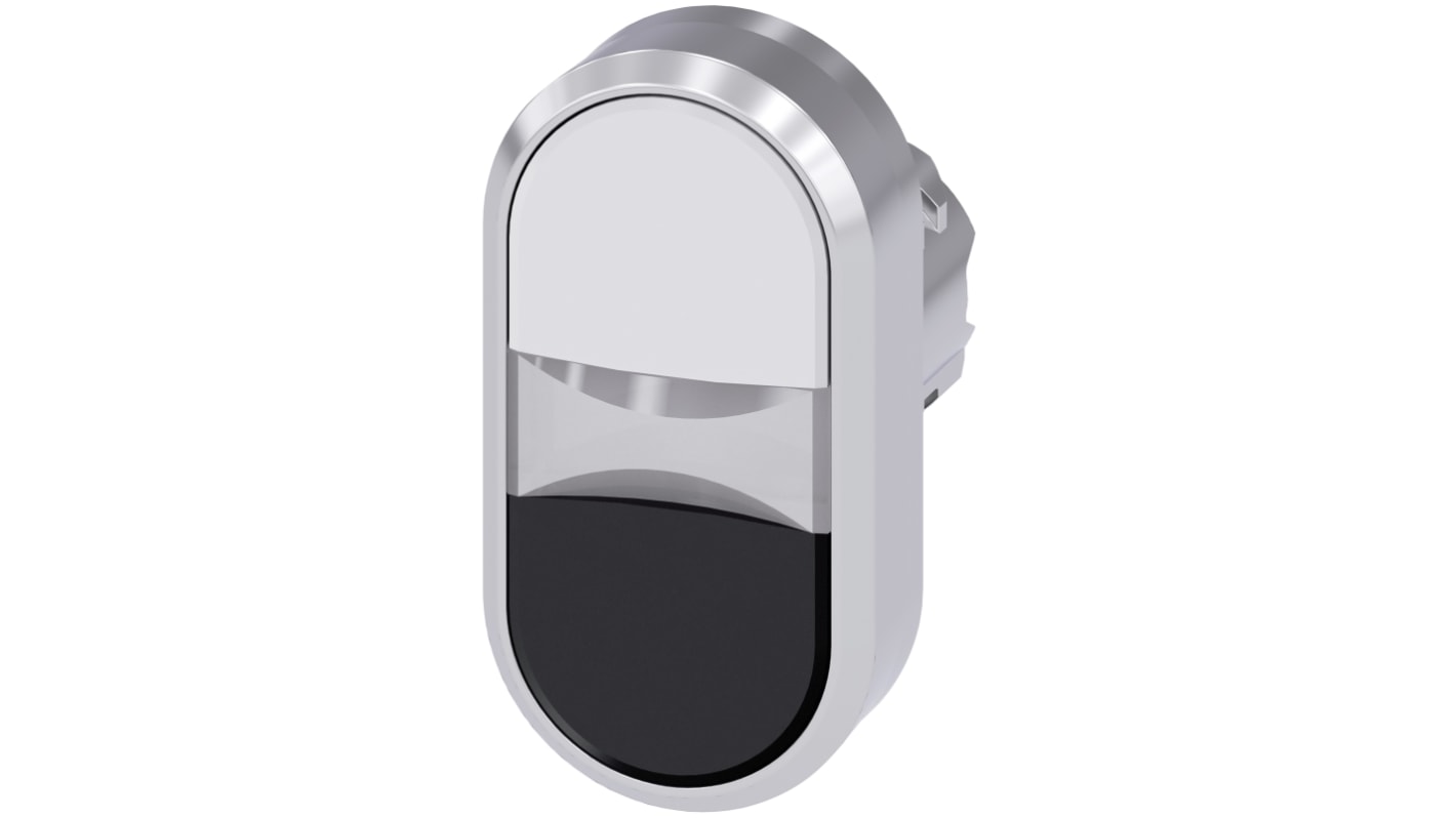 Pulsante instabile Siemens SIRIUS ACT, 22 mm, rotondo, metallo lucido, bianco e nero, protezione IP66/IP67/IP69K. Montaggio snap-on.