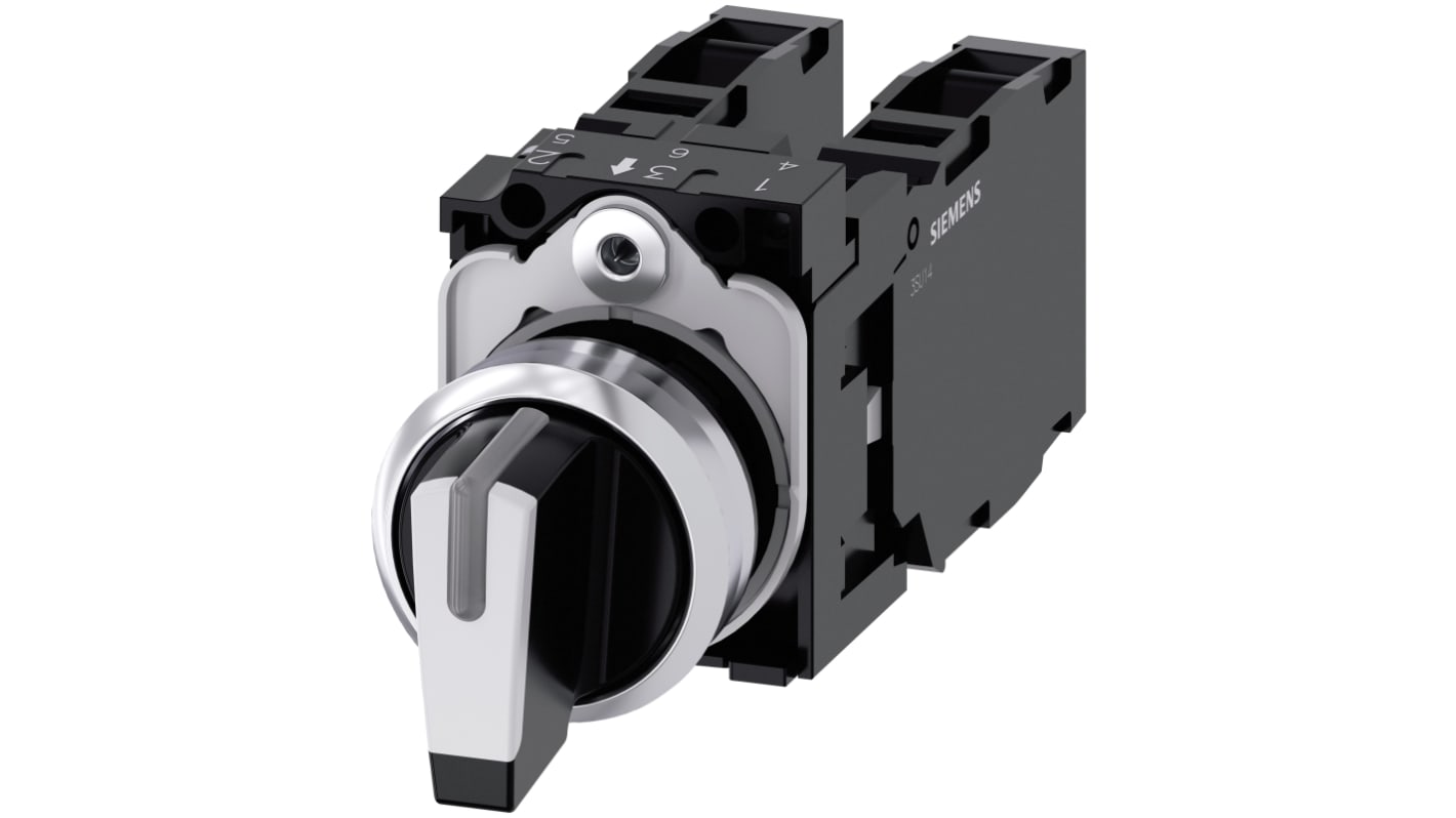 Selettore a 3 posizioni Siemens 3SU1150-2BL60-1LA0, rotondo, illuminato, metallo lucido, grado di protezione IP66/IP67/IP69K.