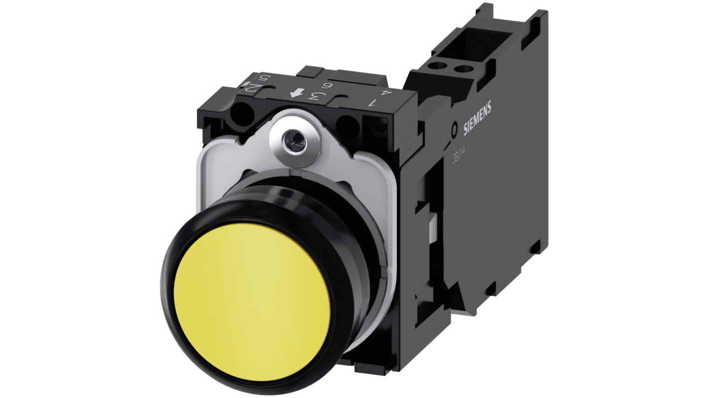 Pulsante Siemens SIRIUS ACT SPST, rotondo giallo, diametro 22 mm, IP66/IP67/IP69K, contatti 1 NA+1 NC, max 500V.