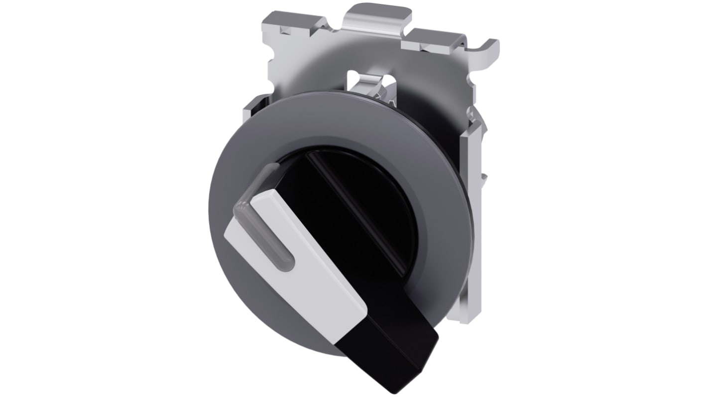 Selettore SIRIUS ACT Siemens 3SU1062-2EC60-0AA0, 2 posizioni, diametro foro 30 mm, attivazione momentanea, grado di protezione IP66/IP67/IP69K. Montaggio a filo con anello anteriore.