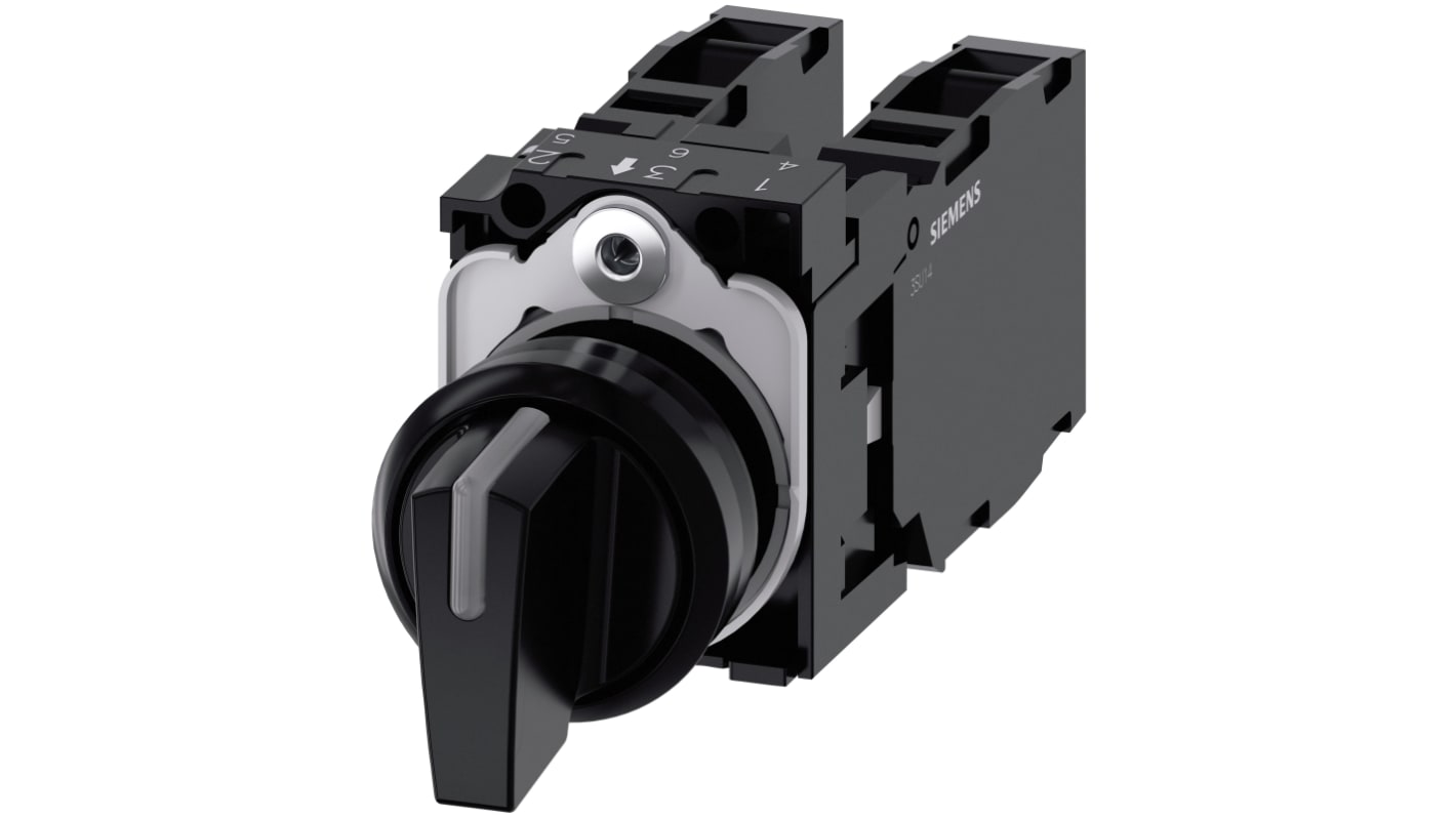 Selettore a 3 posizioni Siemens, rotondo, diametro 22 mm, materiale plastico nero, con chiusura e terminale a vite. Grado di protezione IP66/IP67/IP69K.