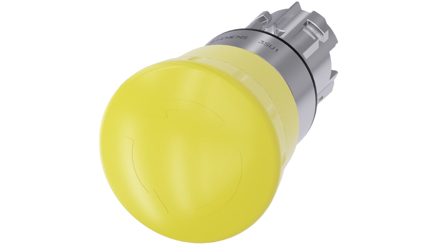 Siemens attuatore pulsante SIRIUS ACT, rotondo giallo da 22 mm, con protezione IP66/IP67/IP69K, montaggio snap-on, adatto per ambienti industriali.