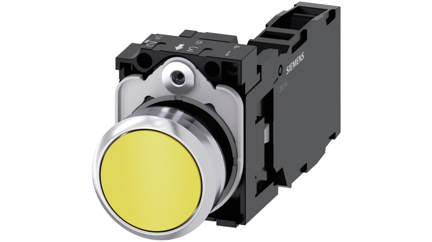 Pulsante rotondo Siemens 3SU1150-0AB30-1FA0, giallo, SPST, IP66/IP67/IP69K, montaggio a vite, diametro 29.45 mm.