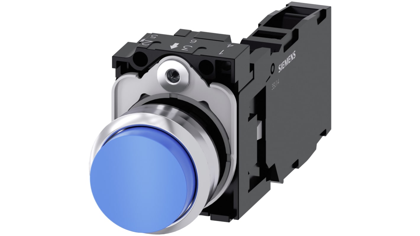 Pulsante rotondo Siemens SIRIUS ACT, 22 mm, SPST, colore blu, con supporto e terminale a vite, protezione IP66/IP67/IP69K.