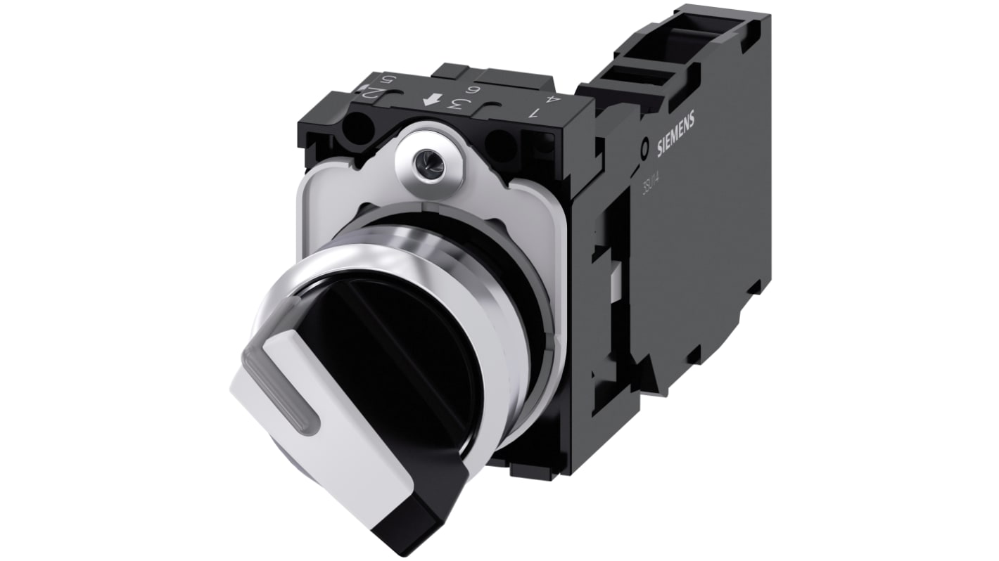 Selettore a 2 posizioni Siemens 3SU1150-2BF60-1FA0, rotondo, metallo lucido bianco, IP66/IP67/IP69K, 10 A, 500 V.
