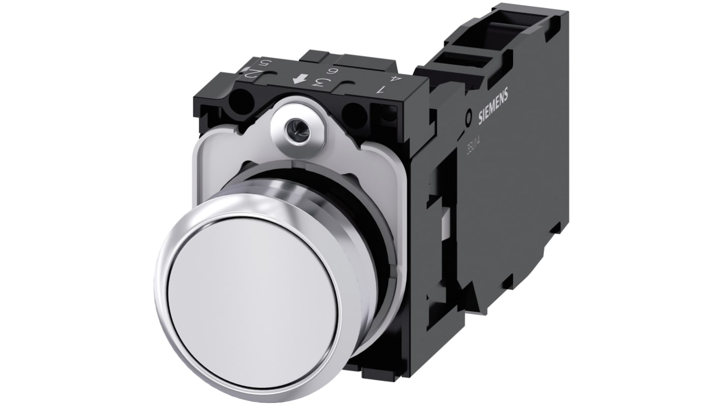 Pulsante rotondo Siemens 3SU1150-0AB60-1FA0, 22 mm, metallo lucido bianco, SPST, montaggio a vite, grado di protezione IP66/IP67/IP69K.