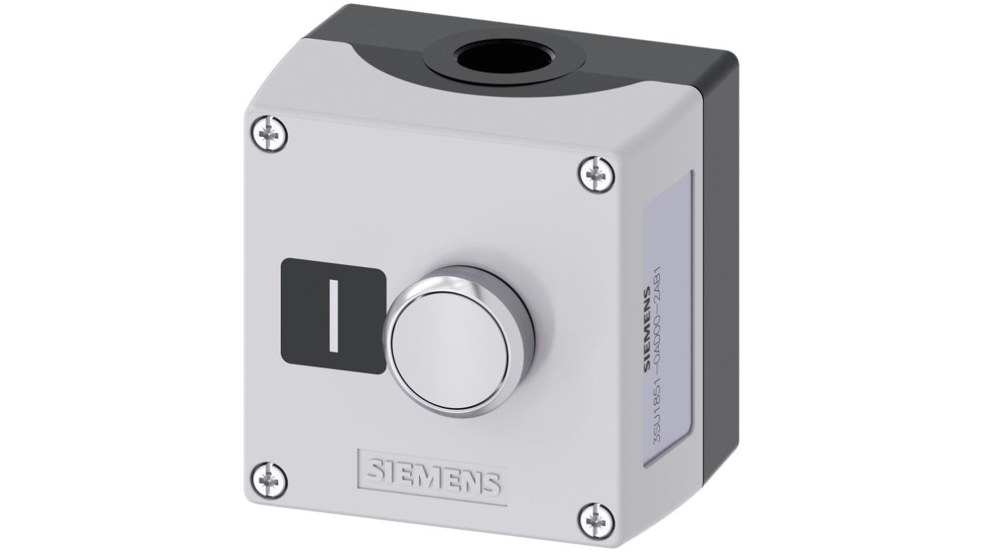 Interruttore stazione di controllo Siemens, 10A, IP66/IP67/IP69, montaggio a pavimento, diametro foro 22mm, dimensioni 89.4mm x 85mm x 75mm.