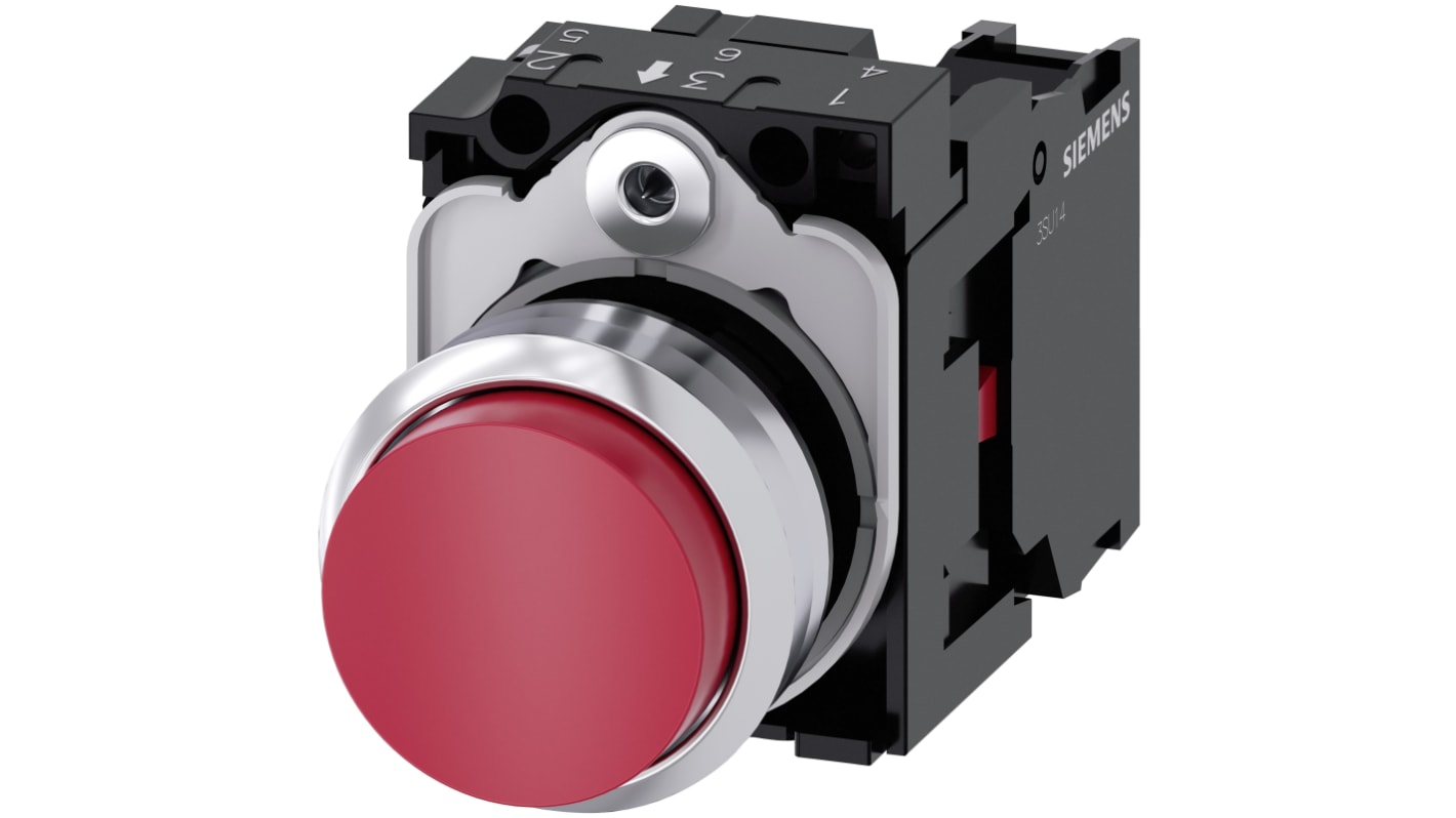 Pulsante rotondo Siemens 3SU1150-0BB20-1CA0, SPST, rosso, diametro 29.45 mm, protezione IP66/IP67/IP69K, contatto momentaneo.