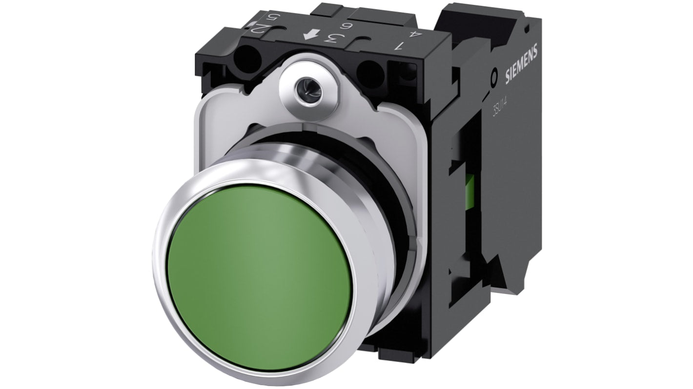 Pulsante SPST Siemens 3SU1150-0AB40-3BA0, rotondo verde, diametro 22 mm, protezione IP66/IP67/IP69K, montaggio snap-on.