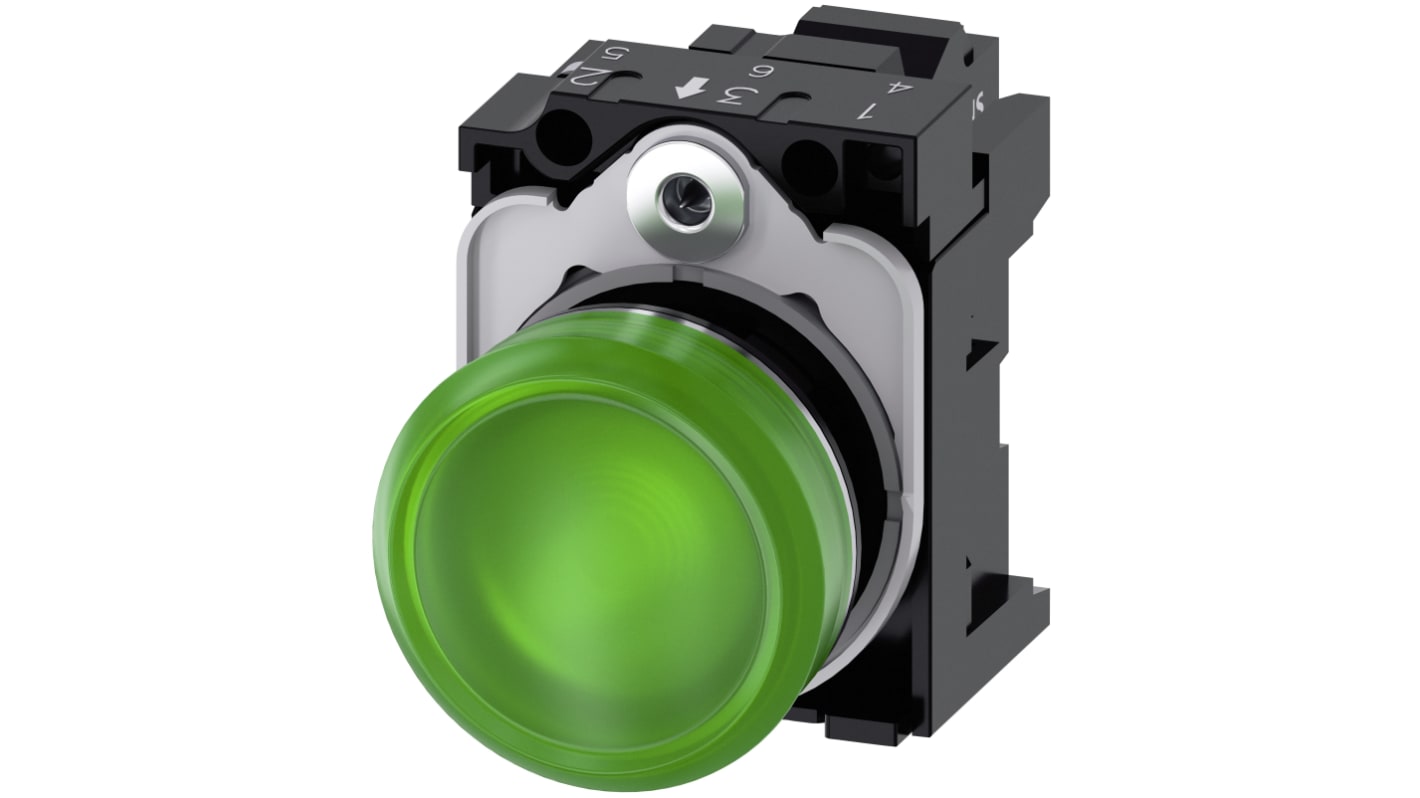 Indicatore LED Siemens 3SU1156-6AA40-3AA0, montaggio a pannello, diametro 22mm, tensione 230V, colore verde.