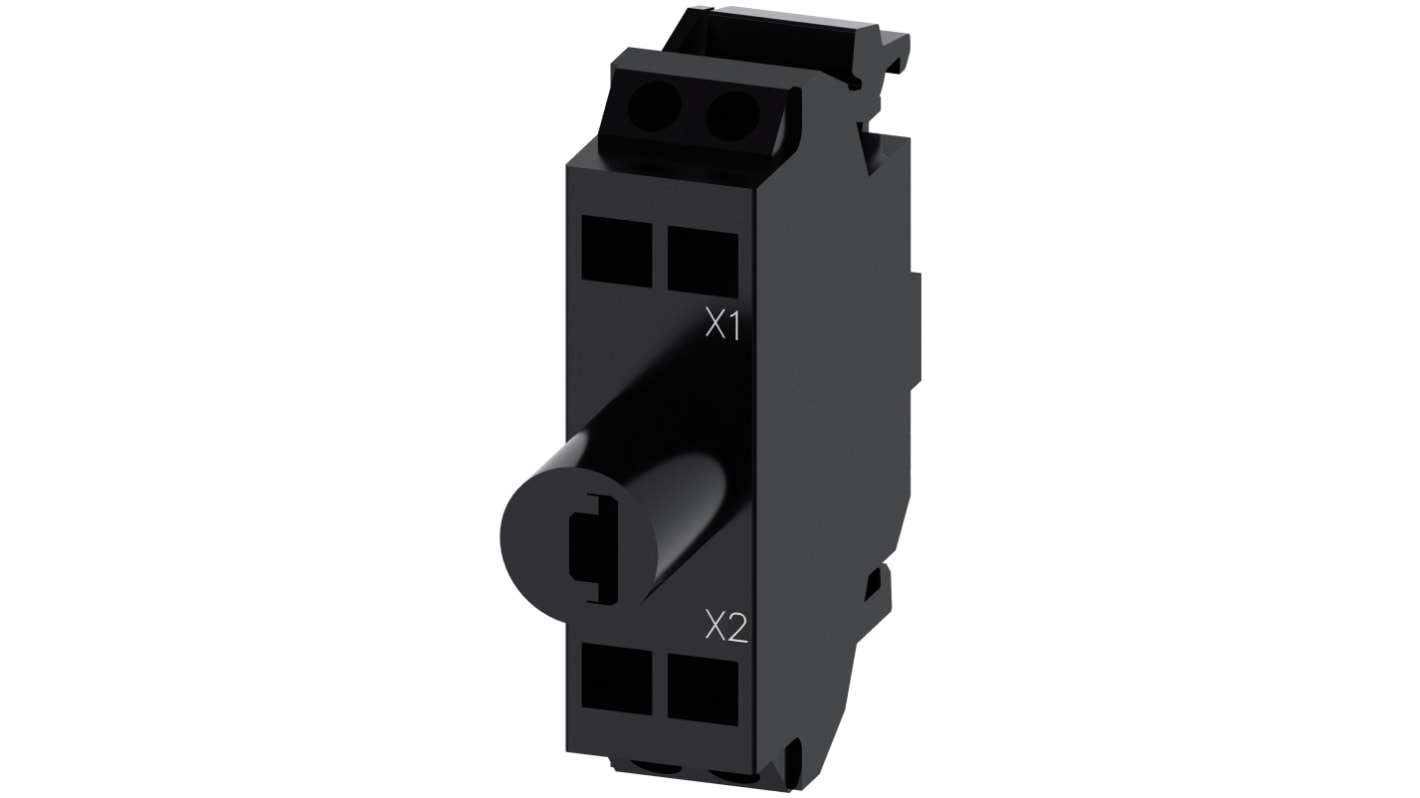 Siemens blocco contatti luminoso LED giallo, tensione 230 V, installazione snap-on, design robusto per ambienti industriali.