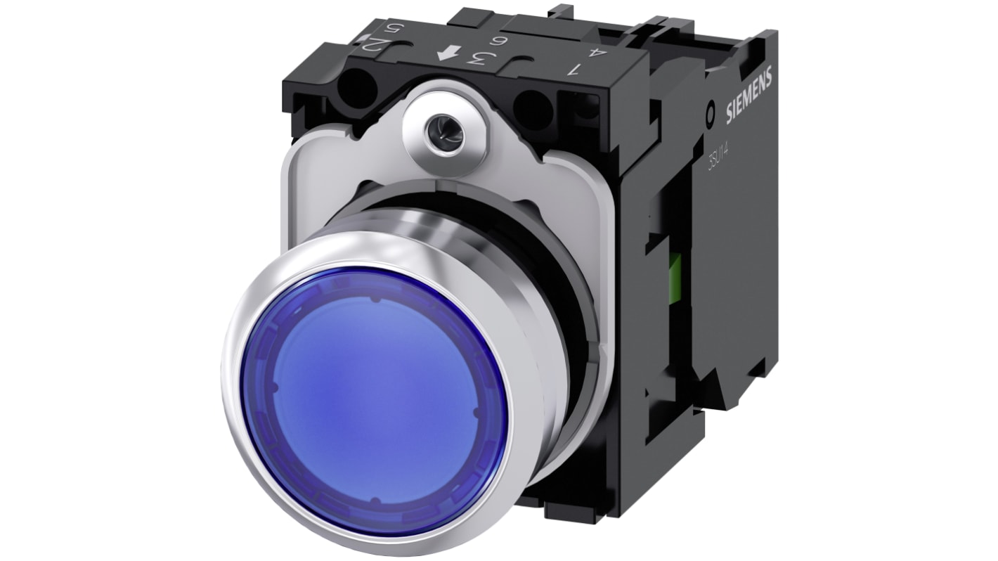 Pulsante luminoso Siemens SPST, diametro 22mm, IP66/IP67/IP69, colore blu, corpo metallico, tensione max 500V.