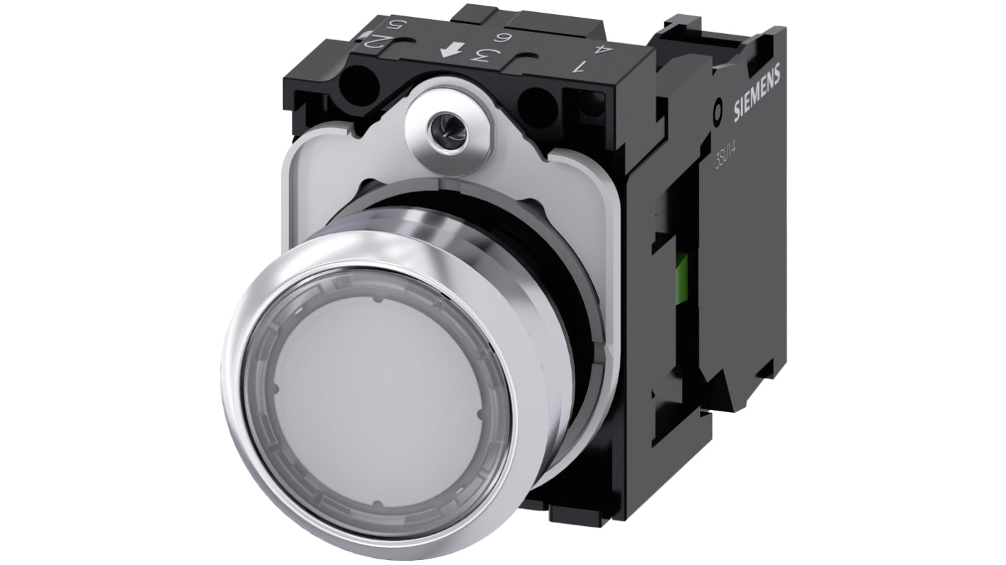Pulsante rotondo Siemens 3SU1150-0AB70-1BA0, SPST, diametro 22mm, corpo metallico, IP66/IP67/IP69, per applicazioni industriali.