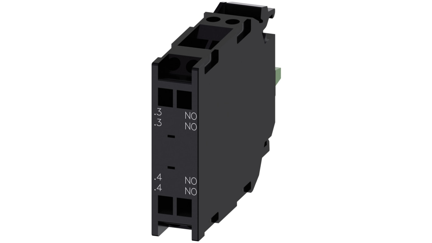 Blocco contatti Siemens 3SU1400-1AA10-3NA0, 2NO, tensione 5-500 V, installazione snap-on, grado di protezione elevato.