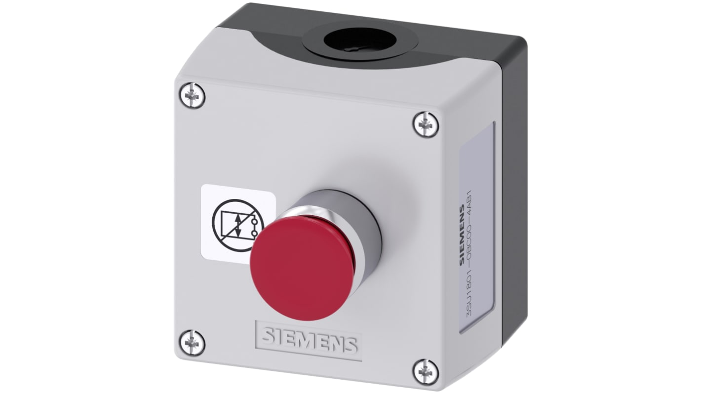 Interruttore stazione di controllo Siemens, attuazione a pulsante rosso, IP66/IP67/IP69, diametro foro 22mm, dimensioni 85x85x75mm.
