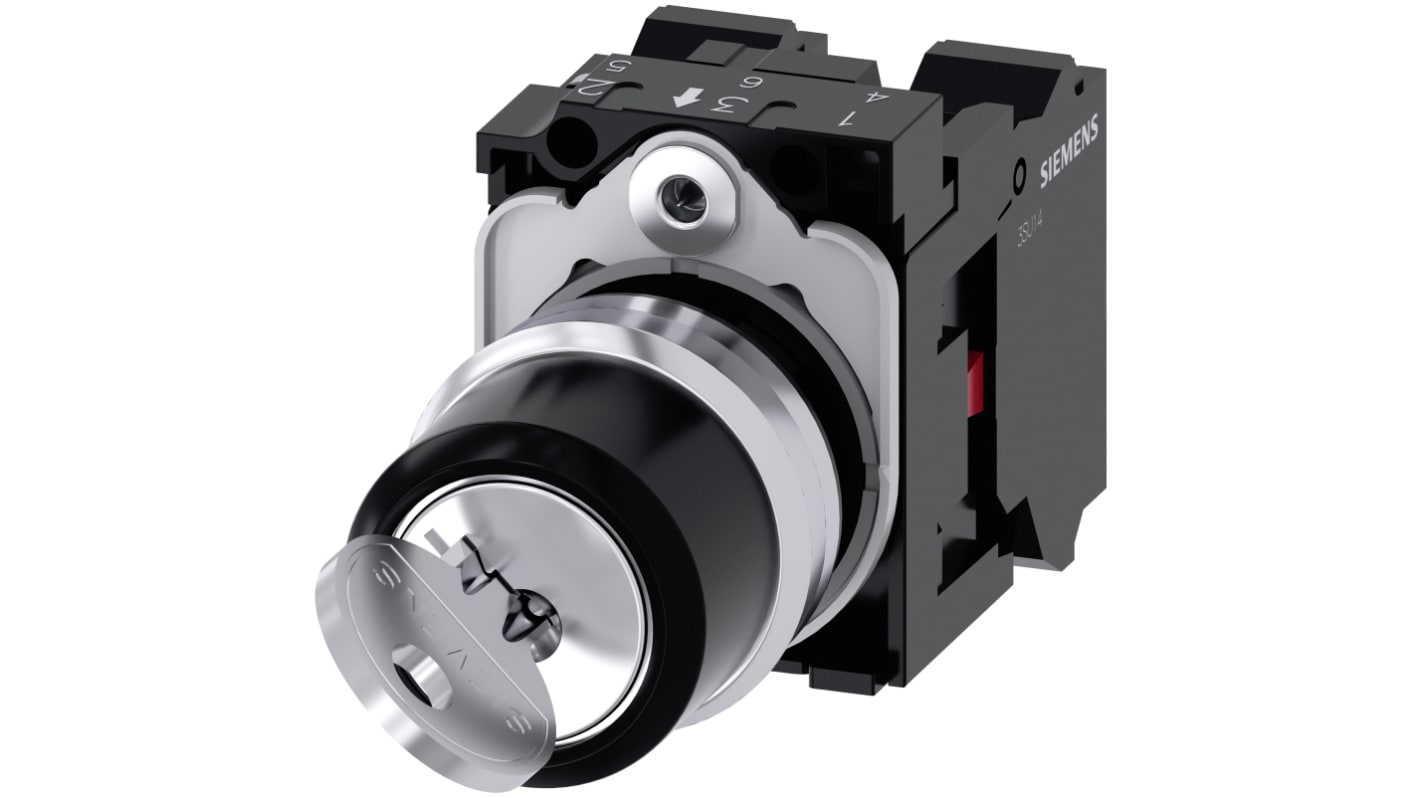 Interruttore a chiave Siemens 3SU1150-4BF01-3PA0, 2 posizioni, 2NC, protezione IP66/IP67/IP69, installazione snap-on.