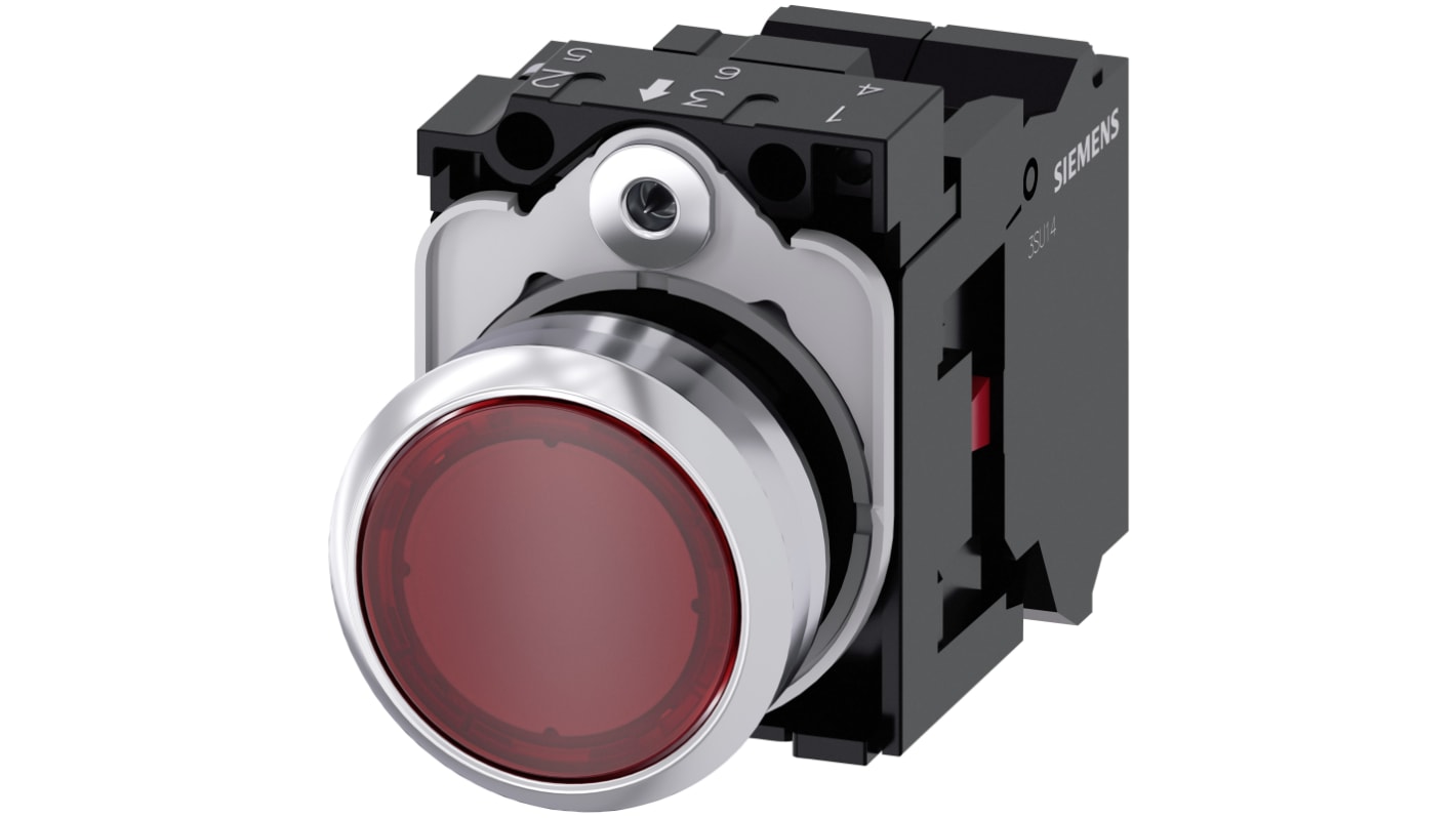 Pulsante luminoso rotondo Siemens, SPST, rosso, IP66/IP67/IP69, diametro foratura 22mm, corpo metallico, tensione max 500V.