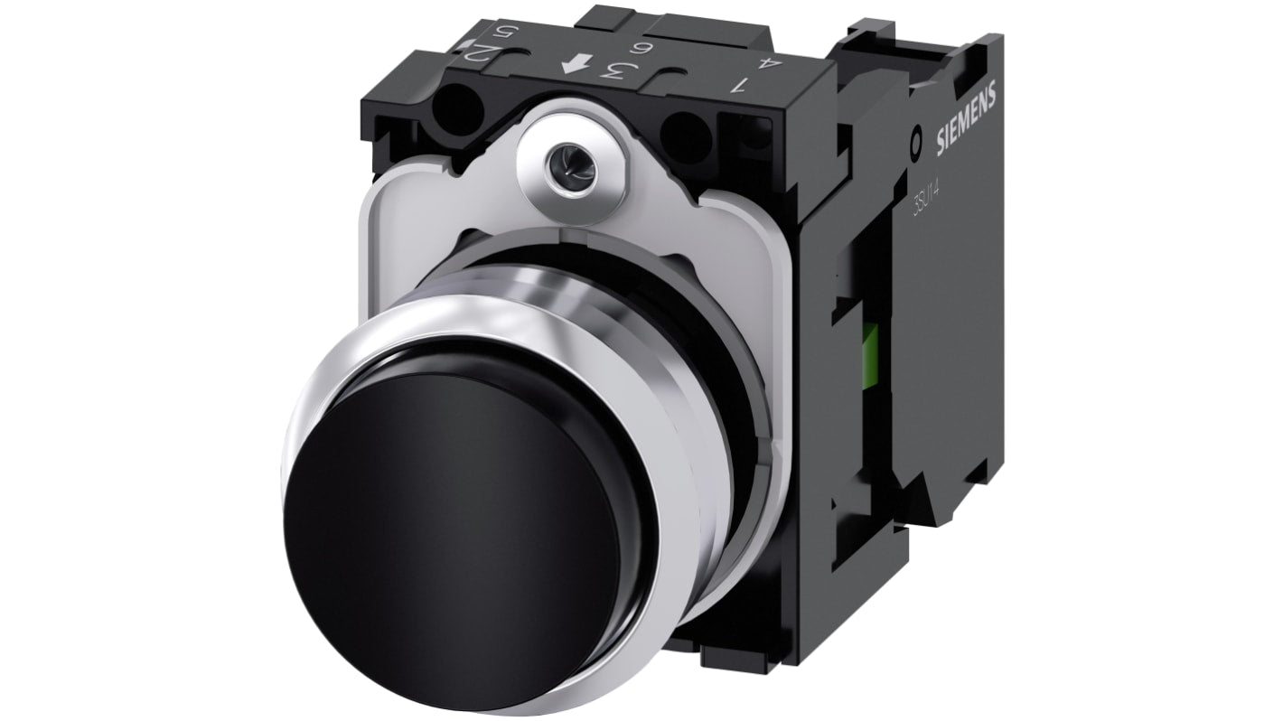 Pulsante rotondo Siemens 3SU1150-0BB10-1BA0, SPST, IP66/IP67/IP69K, diametro 22mm, corpo metallico, per applicazioni industriali.