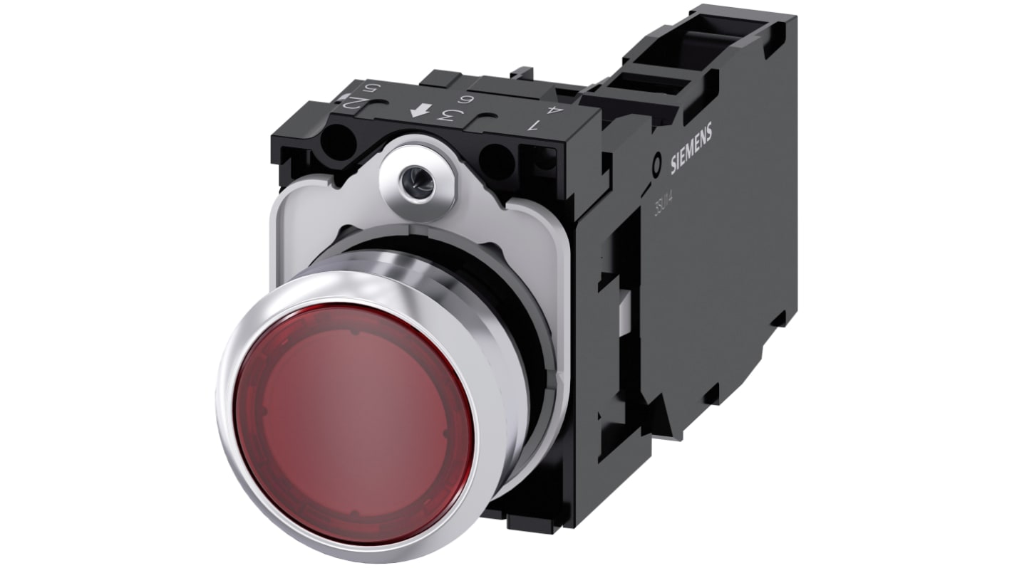 Pulsante luminoso rotondo Siemens 3SU1156-0AB20-1FA0, SPST, rosso, IP66/IP67/IP69, diametro 22mm, corpo metallico.