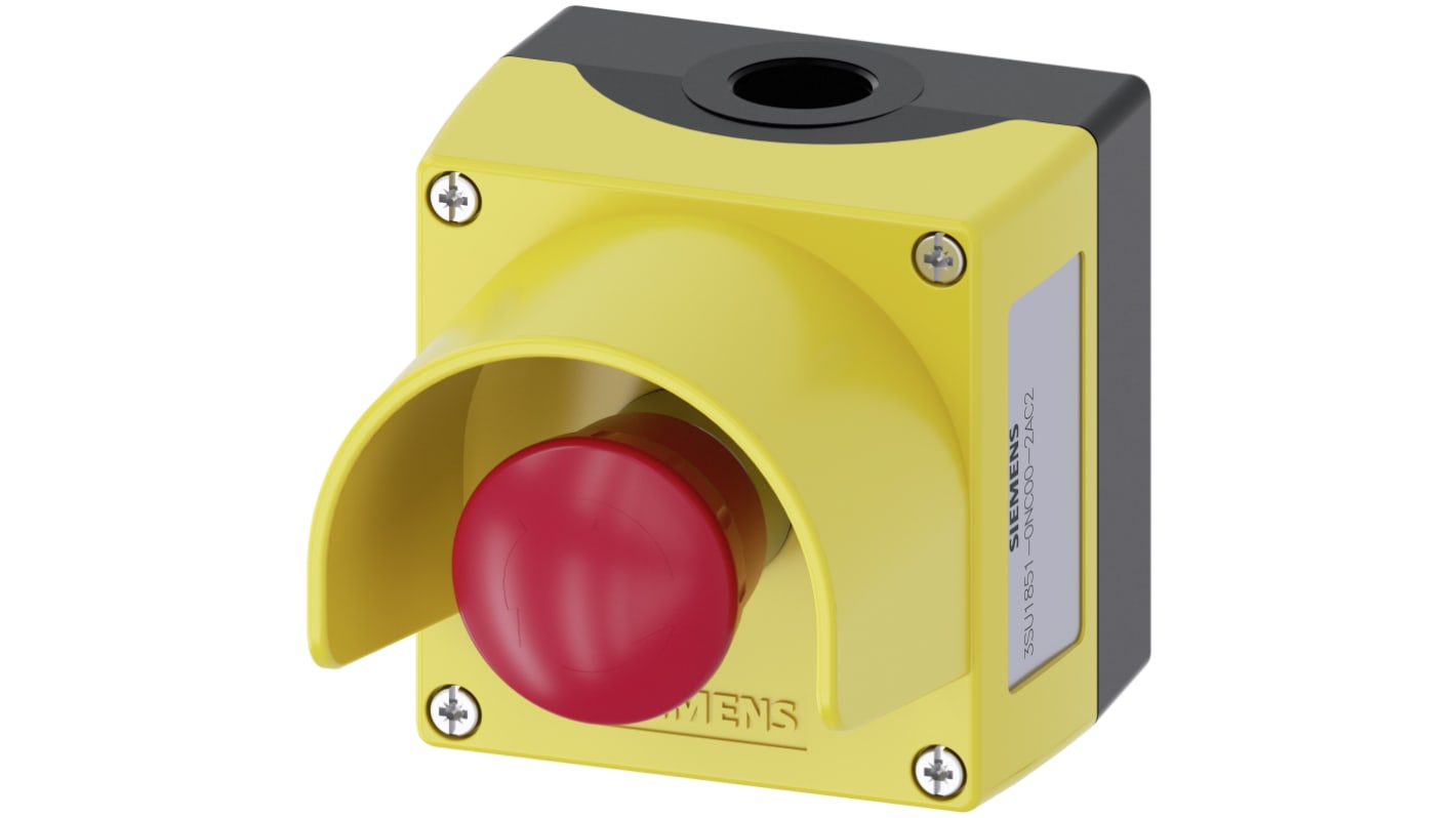Pulsante di arresto di emergenza Siemens 3SU1851-0NC00-2AC2, montaggio superficiale, rosso, IP66/IP67/IP69, dimensioni 85x89.4x112.5 mm.