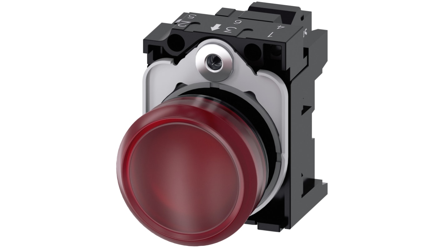 Indicatore LED Siemens 3SU1103-6AA20-3AA0, montaggio a pannello, diametro foro 22mm, tensione 110V, luce rossa, installazione snap-on.