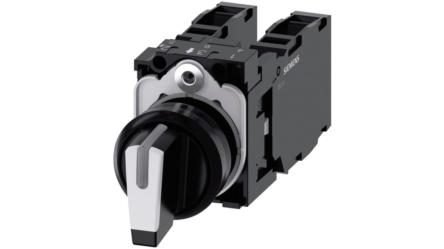 Selettore a 3 posizioni Siemens 3SU1100-2BM60-1LA0, IP66/IP67/IP69K, attivazione momentanea, montaggio snap-on.