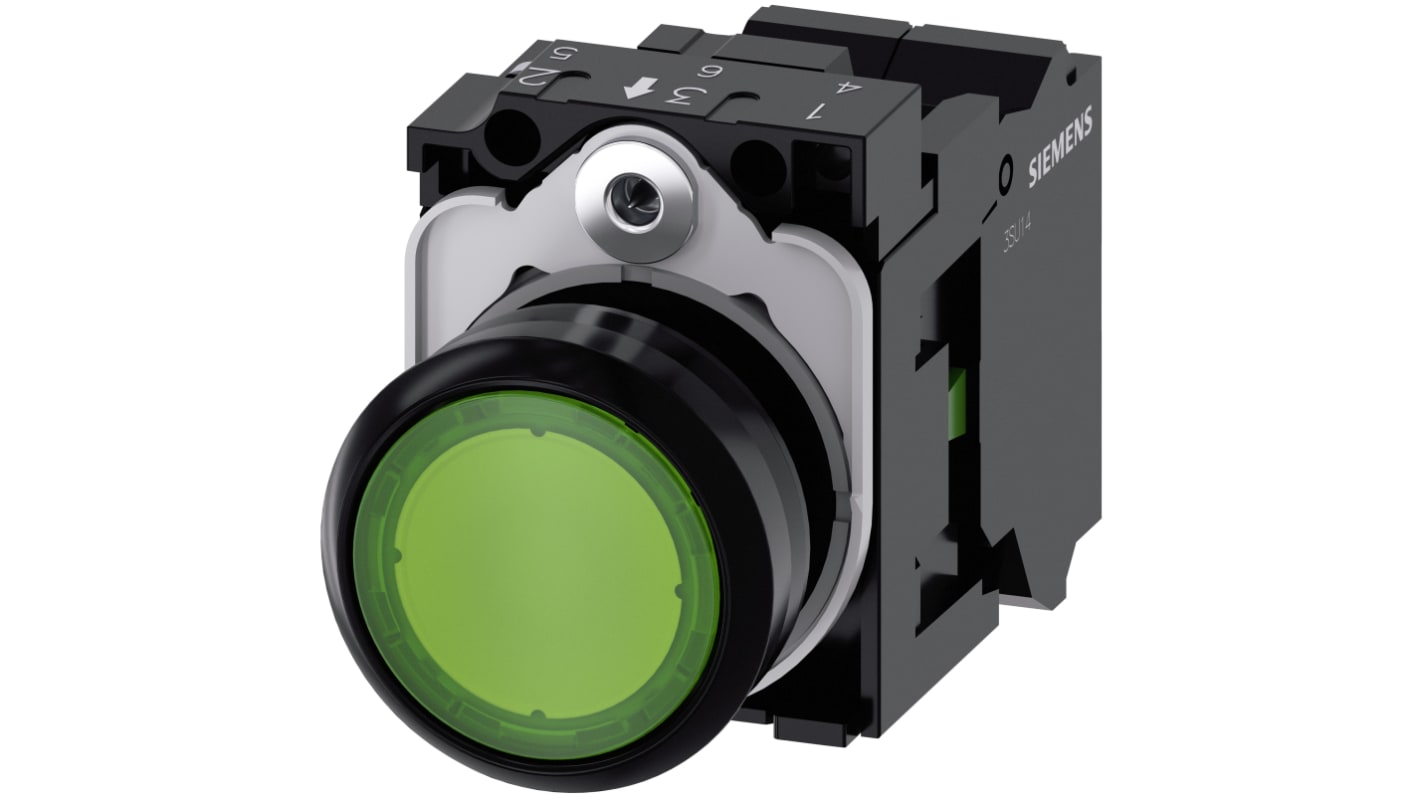 Pulsante luminoso Siemens SIRIUS ACT, rotondo, verde, SPST, IP66/IP67/IP69, diametro foratura 22mm, materiale plastica.